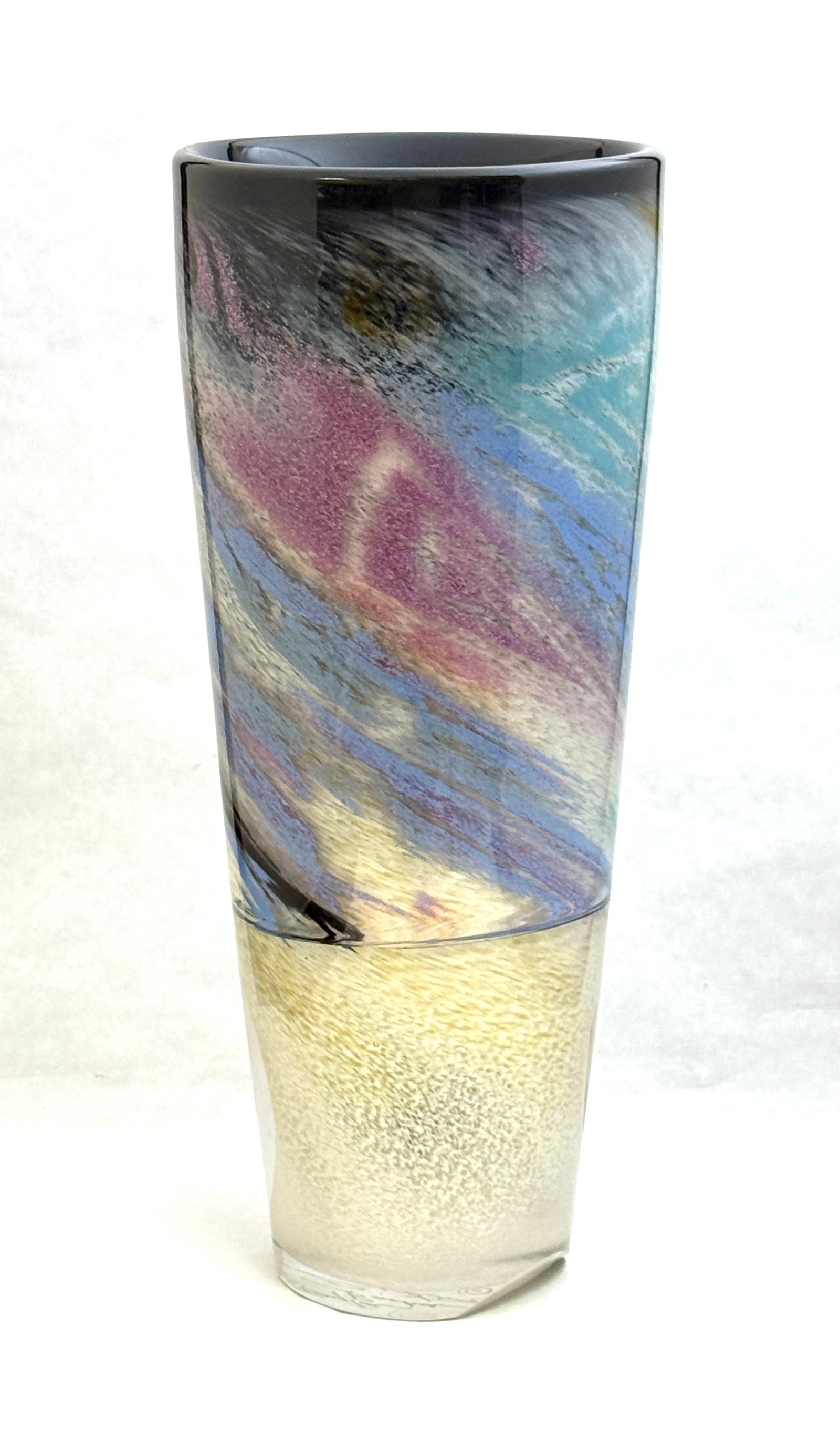 Taylor Backes Dexter Vase: Taylor Backes Dexter cylindrical glass vase in opal with sweeping rose, blue and purple, signed 13 1/2' ht. CONDITION: no chips, cracks, repairs, or material defects found, Jaremos attempts to call