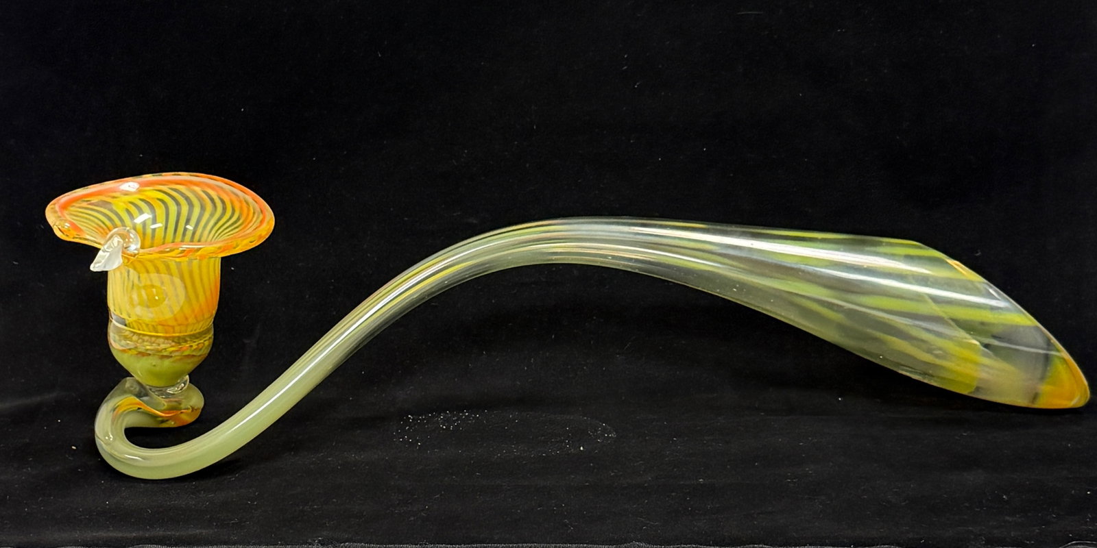 Vernon Brejcha Glass Pipe: Vernon Brejcha glass pipe in opalescent orange and yellow, signed set in a metal stand, 19" long. CONDITION: no chips, cracks, repairs, or material defects found, Jaremos attempts to call any