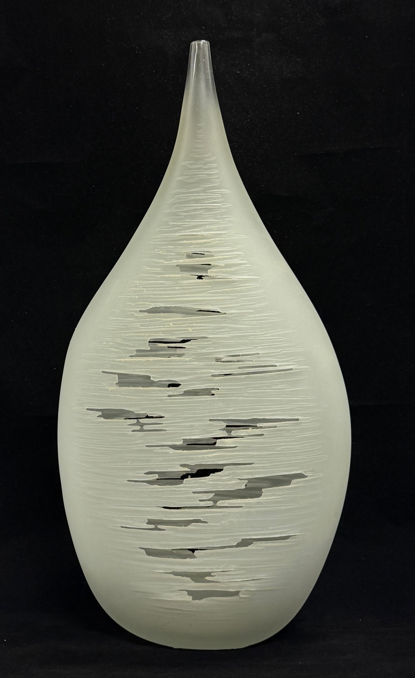Large Tear Drop Glass Vase: Large tear drop frosted glass vase with a cut cloud design on front and back, 23" ht. CONDITION: no chips, cracks, repairs, or material defects found, Jaremos attempts to call any material flaw that