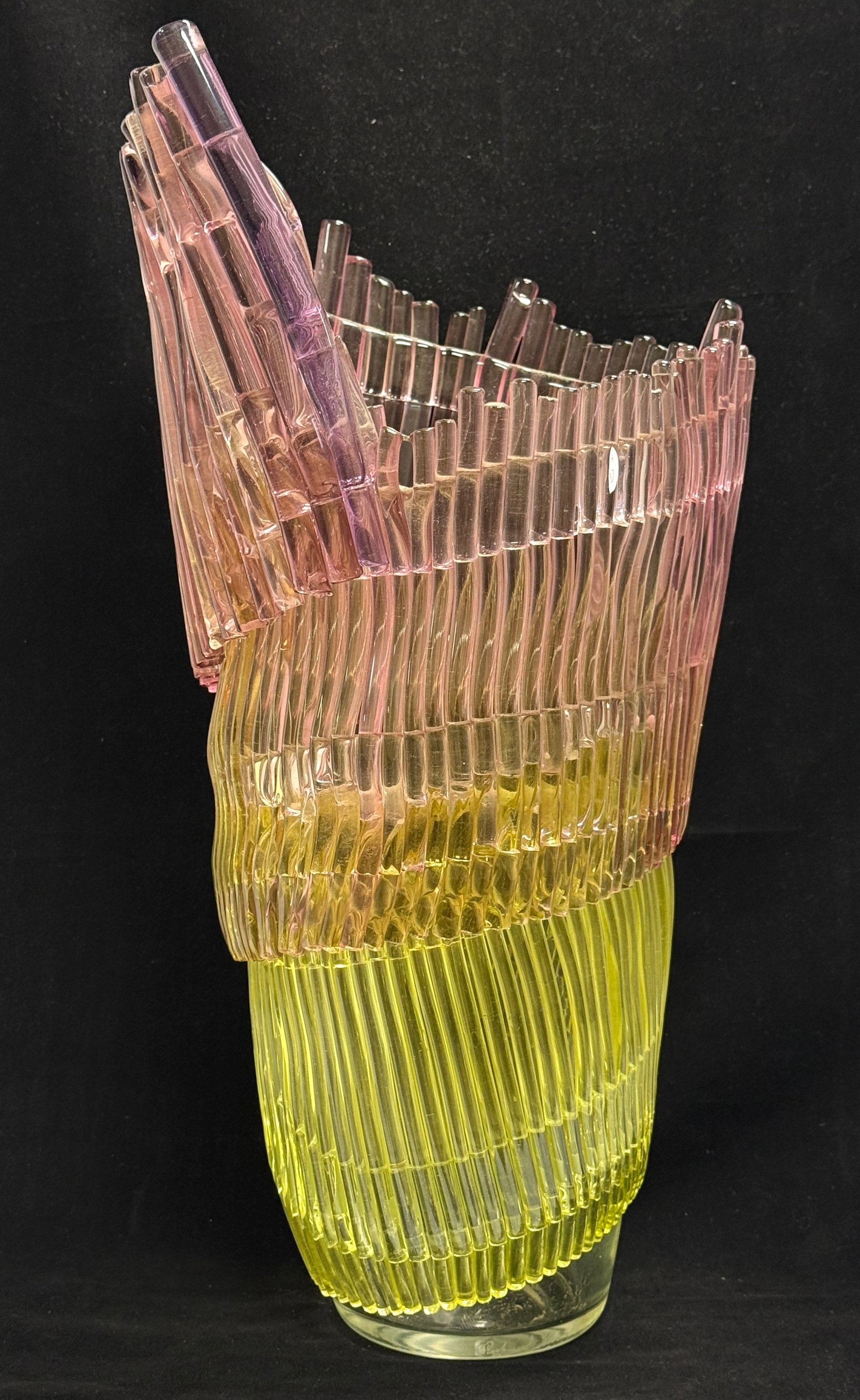 Richard Royal Floor Vase: Richard Royal Shelter Series floor vase in cranberry and citron glass fused rods, signed Richard Royal 1988, 23" ht. CONDITION: internal manufacturing flaw at rim see pitcher. no chips, cracks,