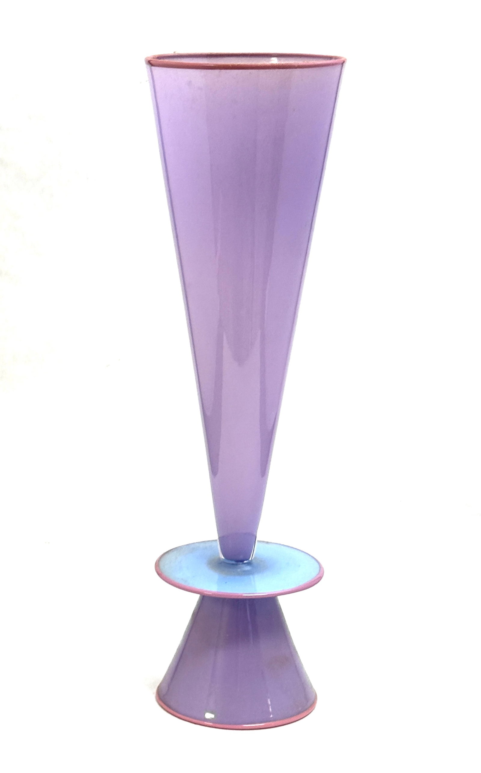 Lino Tagliapietra/Buechner Vase: Collaboration vase between Lino Tagliapietra and Thomas Buechner in a futuristic cylindrical form in purple glass with rose lip wrap, signed Tagliapietra Thomas Buechner III 1988, " ht. CONDITION: no