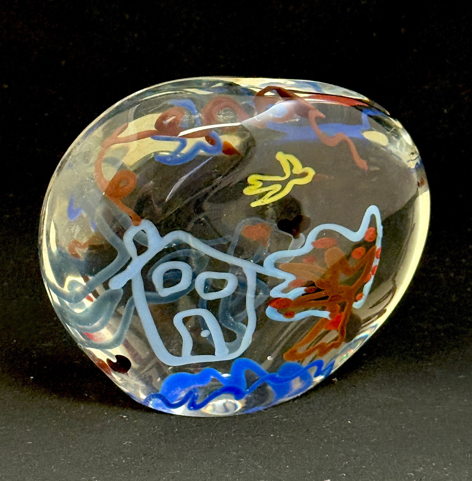 Jolley Art Glass Paperweight: Jolley art glass paperweight, one side has scene with a dog and birds the other with a house and tree, signed Richard Jolley; height 3 1/2". CONDITION: no chips, cracks, repairs, or material defects