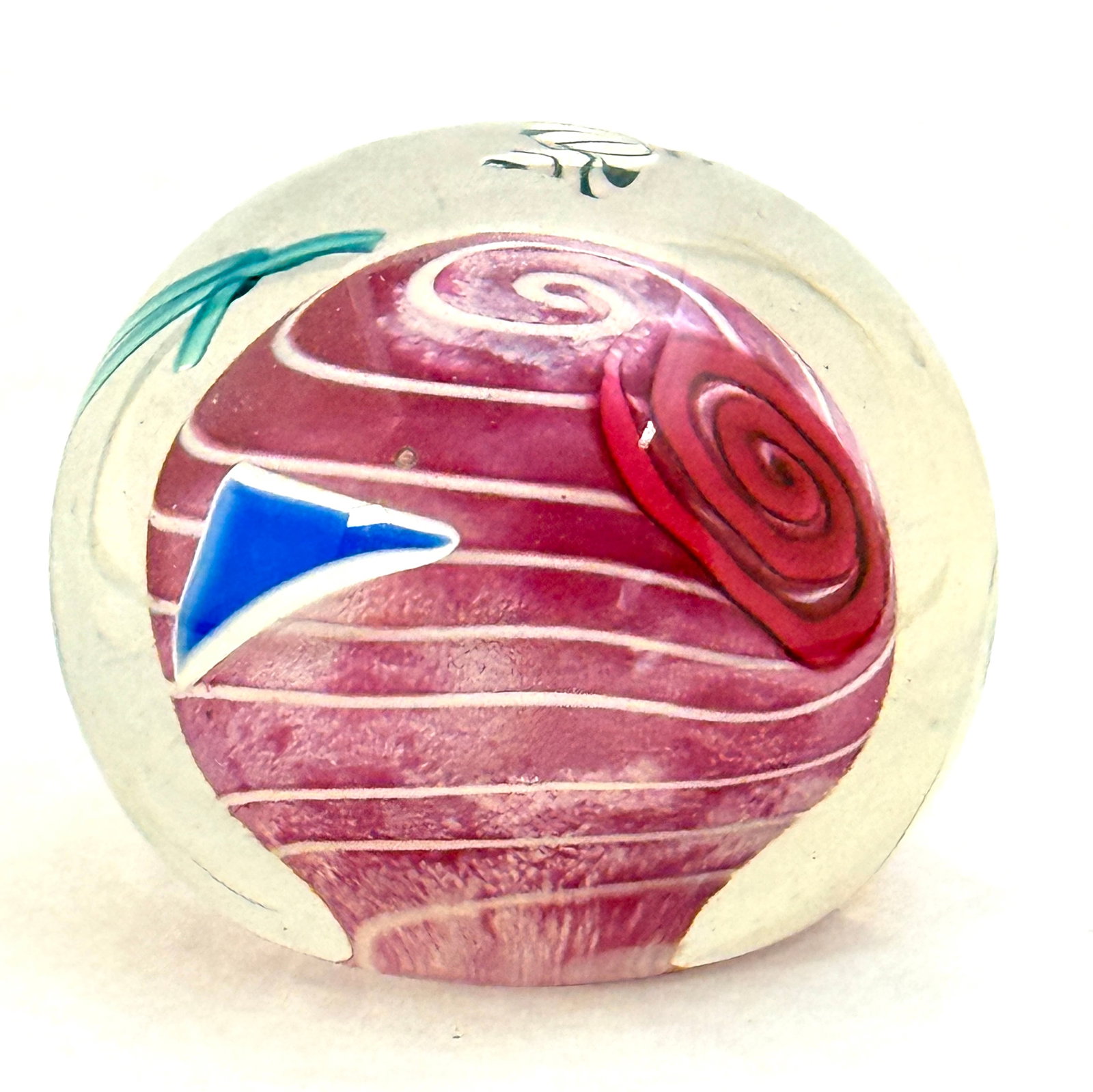 Art Glass Paperweight: Art glass paperweight with internal pink and white stripes orb and geometric designs, attributed to Wilbat, signature not readable; diameter 3 3/4". CONDITION: no chips, cracks, repairs, or material