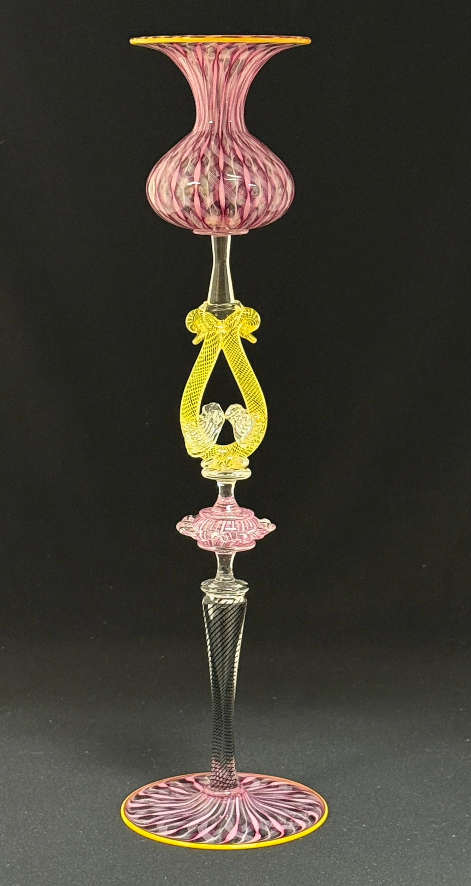 Charles Paul Savoie Sculpture: Charles Paul Savoie pink and yellow Venetian sculpture; ht. 15 3/4". CONDITION: no chips, cracks, repairs, or material defects found, Jaremos attempts to call any material flaw that affects the