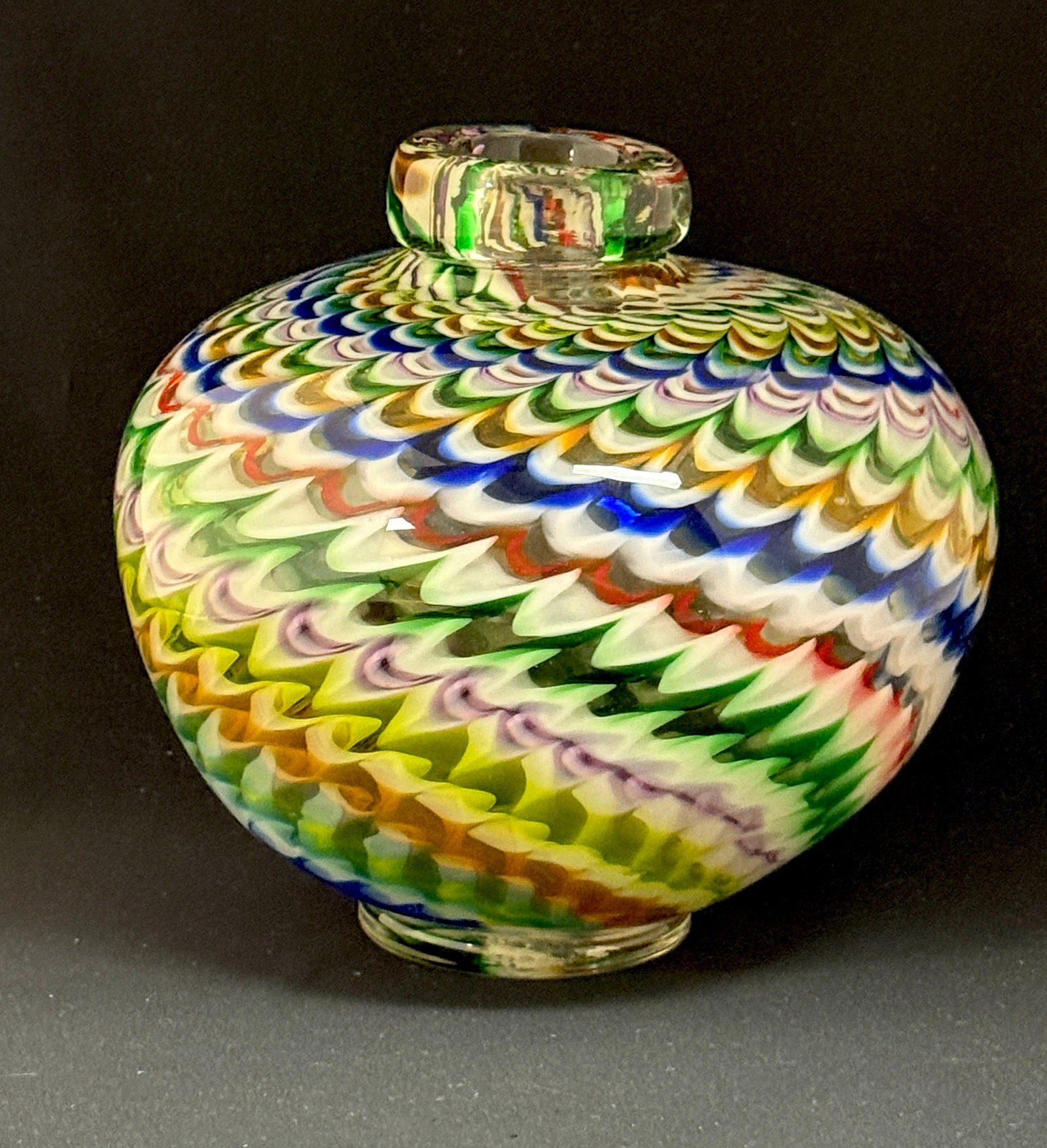 Darren Goodman Art Glass Vase: Darren Goodman multi-colored art glass bulbous vase, signed, ht. 9". CONDITION: no chips, cracks, repairs, or material defects found, Jaremos attempts to call any material flaw that affects the
