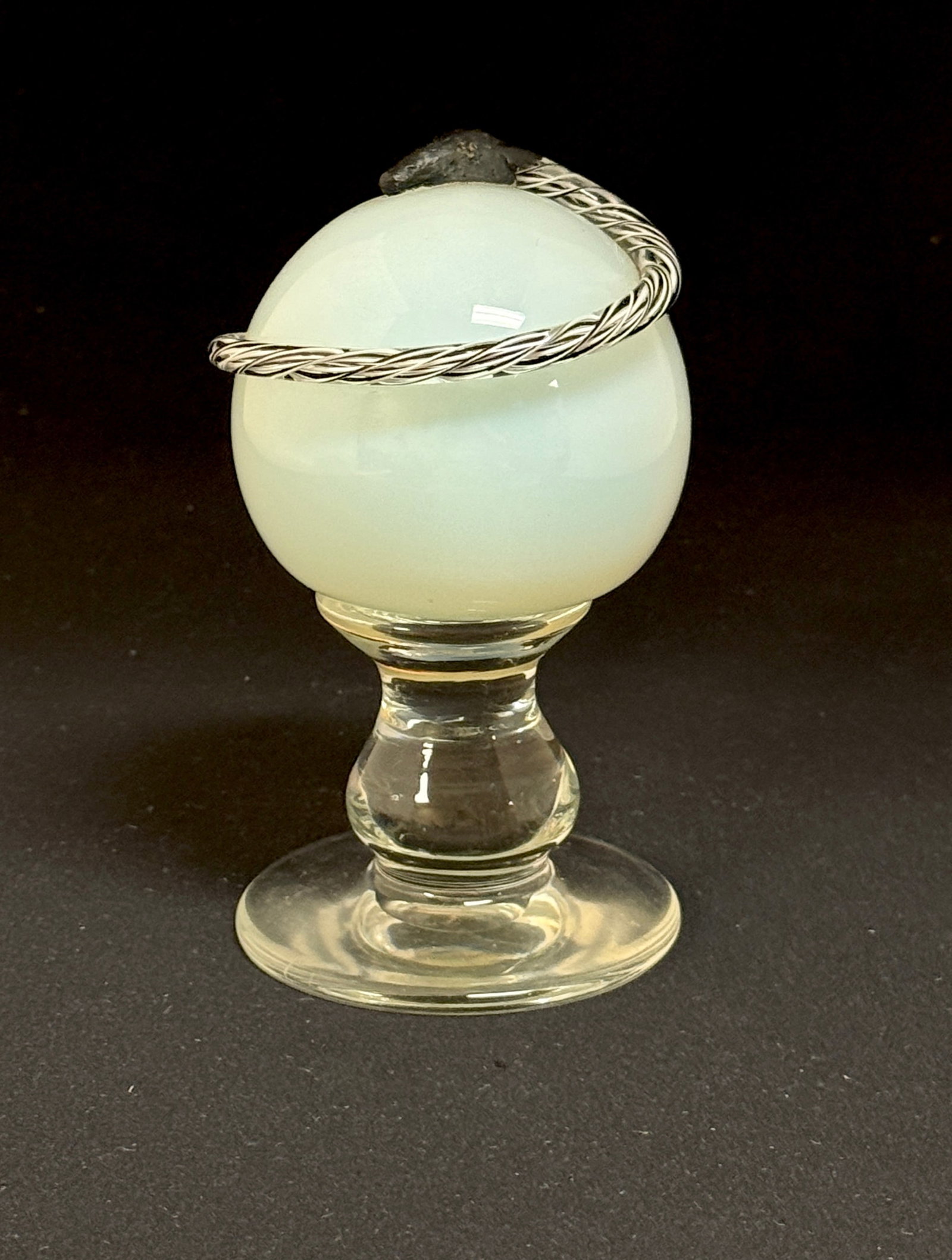 Murano Sculpture: Murano orb with snake on pedestal, unsigned; ht. 5 3/4". CONDITION: no chips, cracks, repairs, or material defects found, Jaremos attempts to call any material flaw that affects the price, but minor