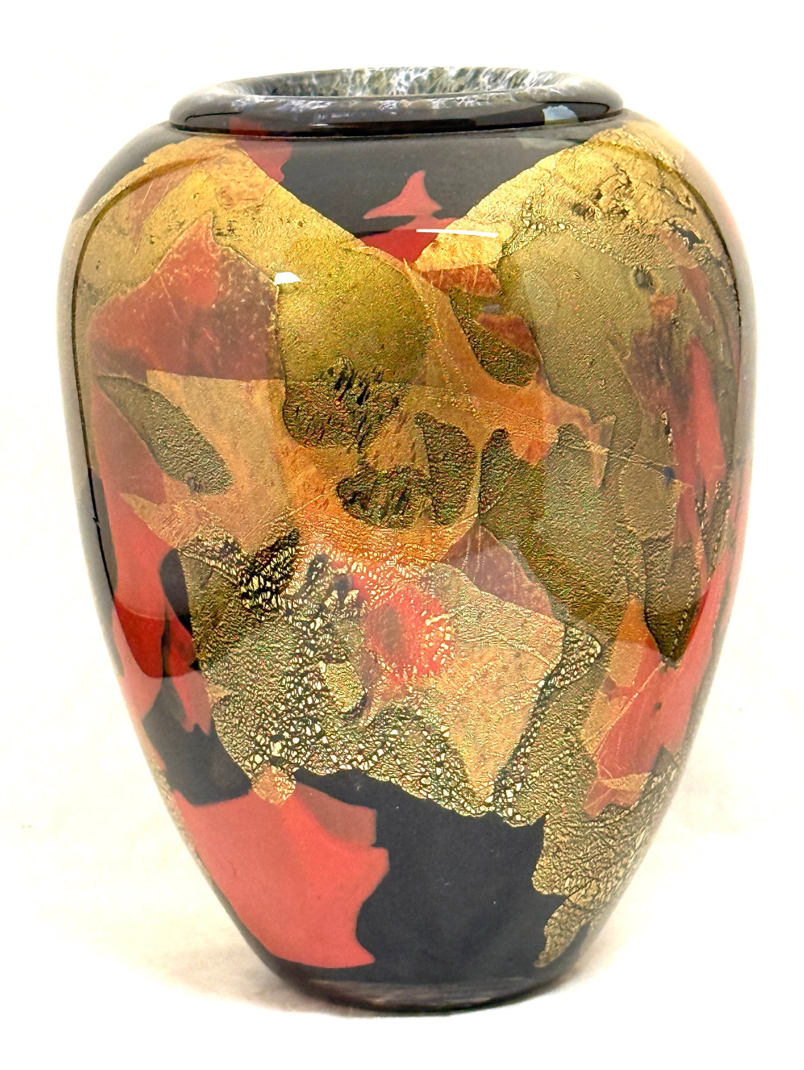 Novaro Art Glass Vase: Jean Claude Novaro large goldleaf, red, and black abstract art glass vase with shades of blue rolled rim, signed Jean Claude Novaro 1995; ht. 9 3/4". CONDITION: no chips, cracks, repairs, or material 