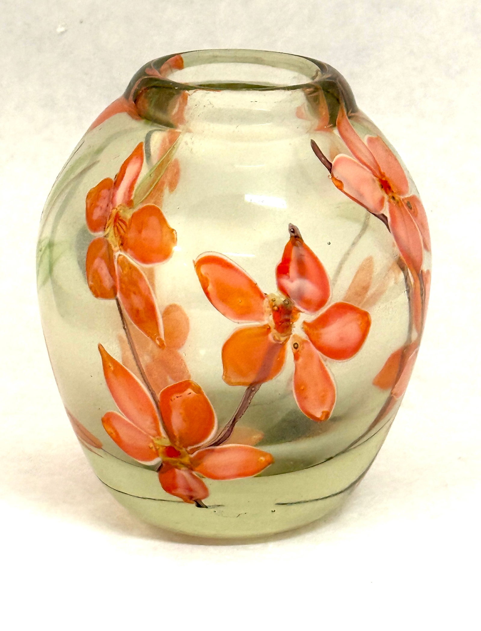 Contemporary Art Glass Vase: Contemporary art glass vase with salmon colored flowers, spuriously signed LCT 13345; ht. 5 1/4". CONDITION: no chips, cracks, repairs, or material defects found, Jaremos attempts to call any material