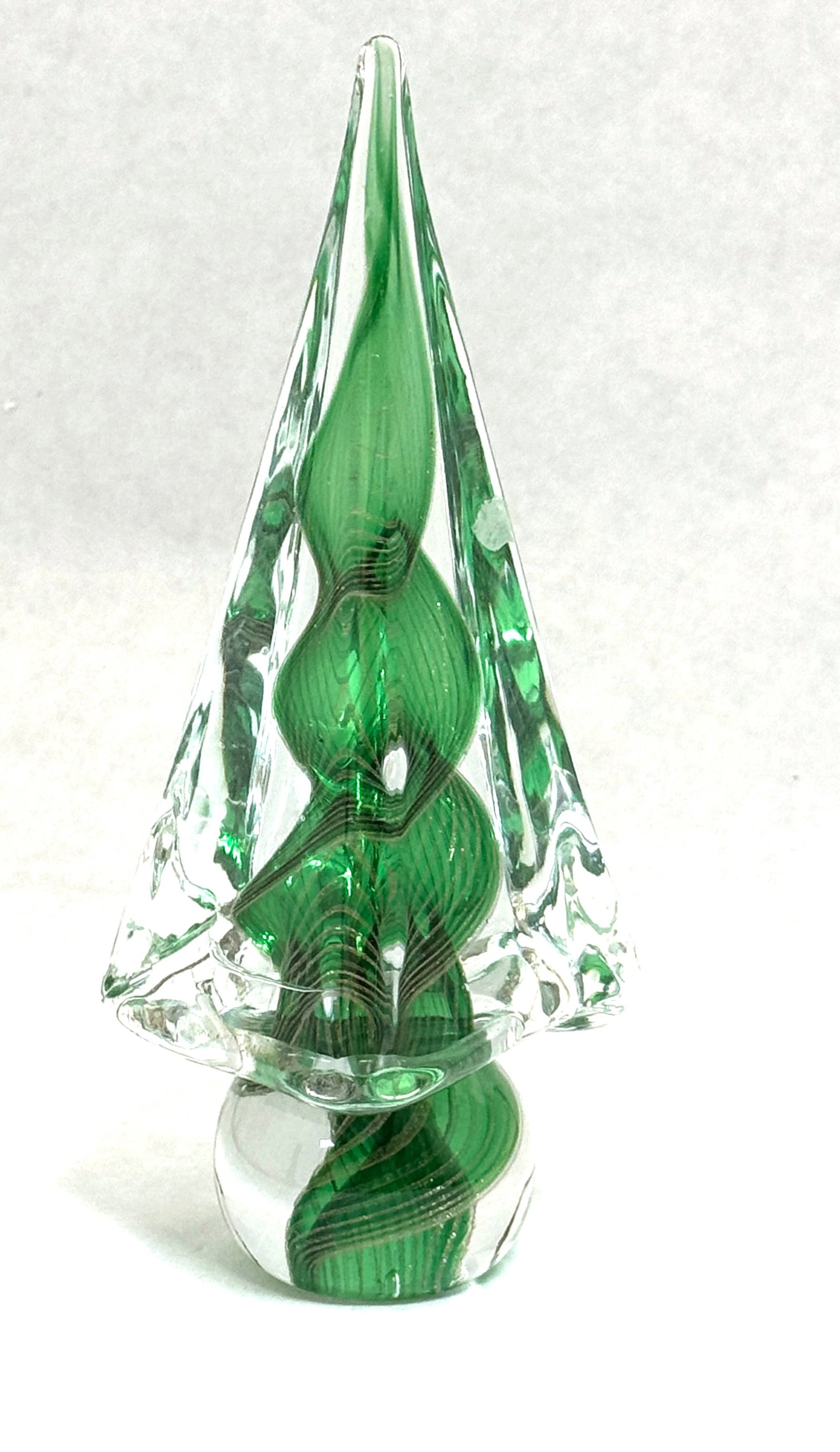 Contemporary Art Glass Sculpture: Contemporary triangular shaped obelisk with internal green spiral set on a bulbous base, attributed to Murano; ht. 9 5/8". CONDITION: no chips, cracks, repairs, or material defects found, Jaremos