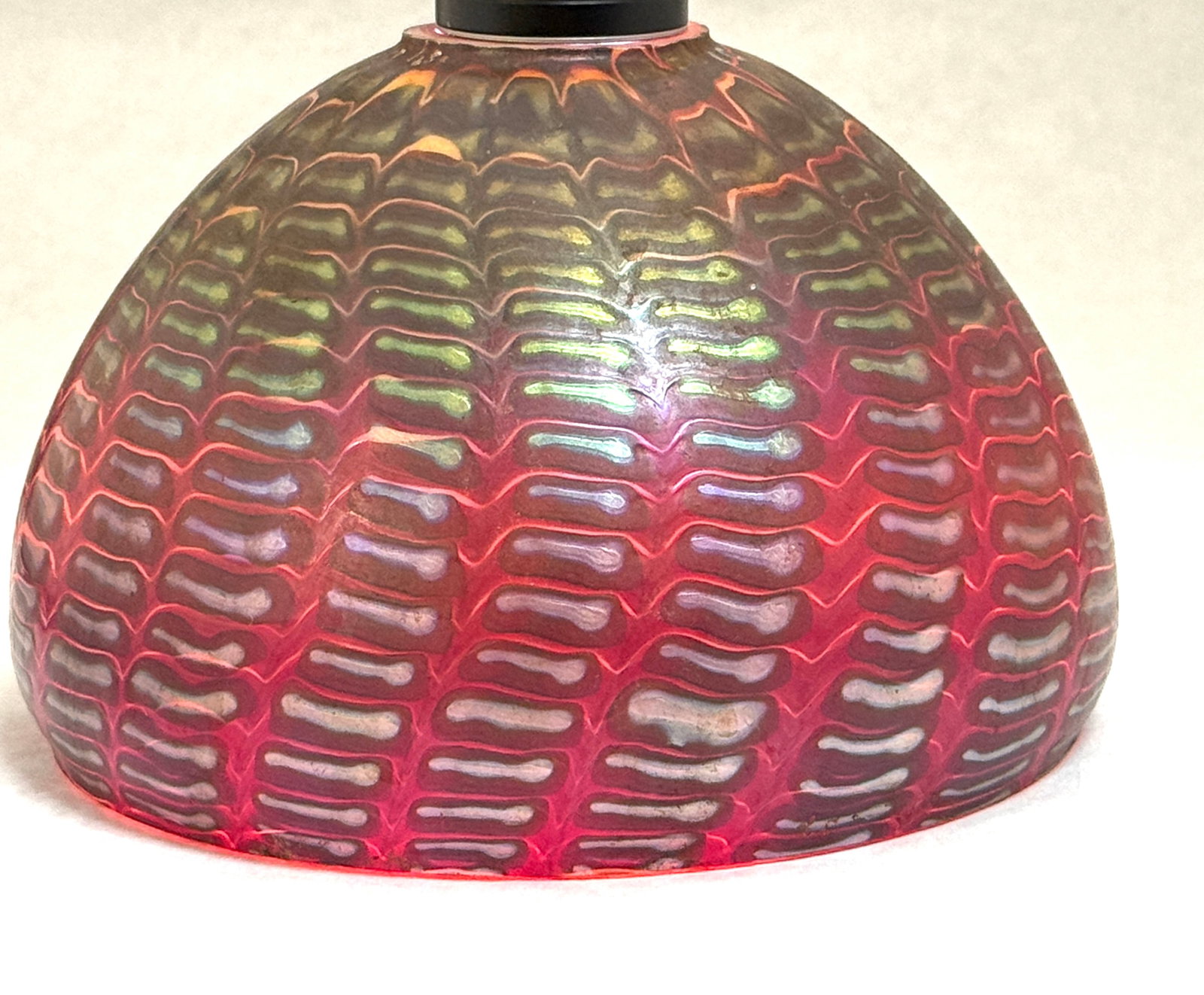Lundberg Lamp Shade: Lundberg iridescent red art glass shade, spurious LCT signature; diameter 7" fitter diameter 1 1/2". CONDITION: no chips, cracks, repairs, or material defects found, Jaremos attempts to call any