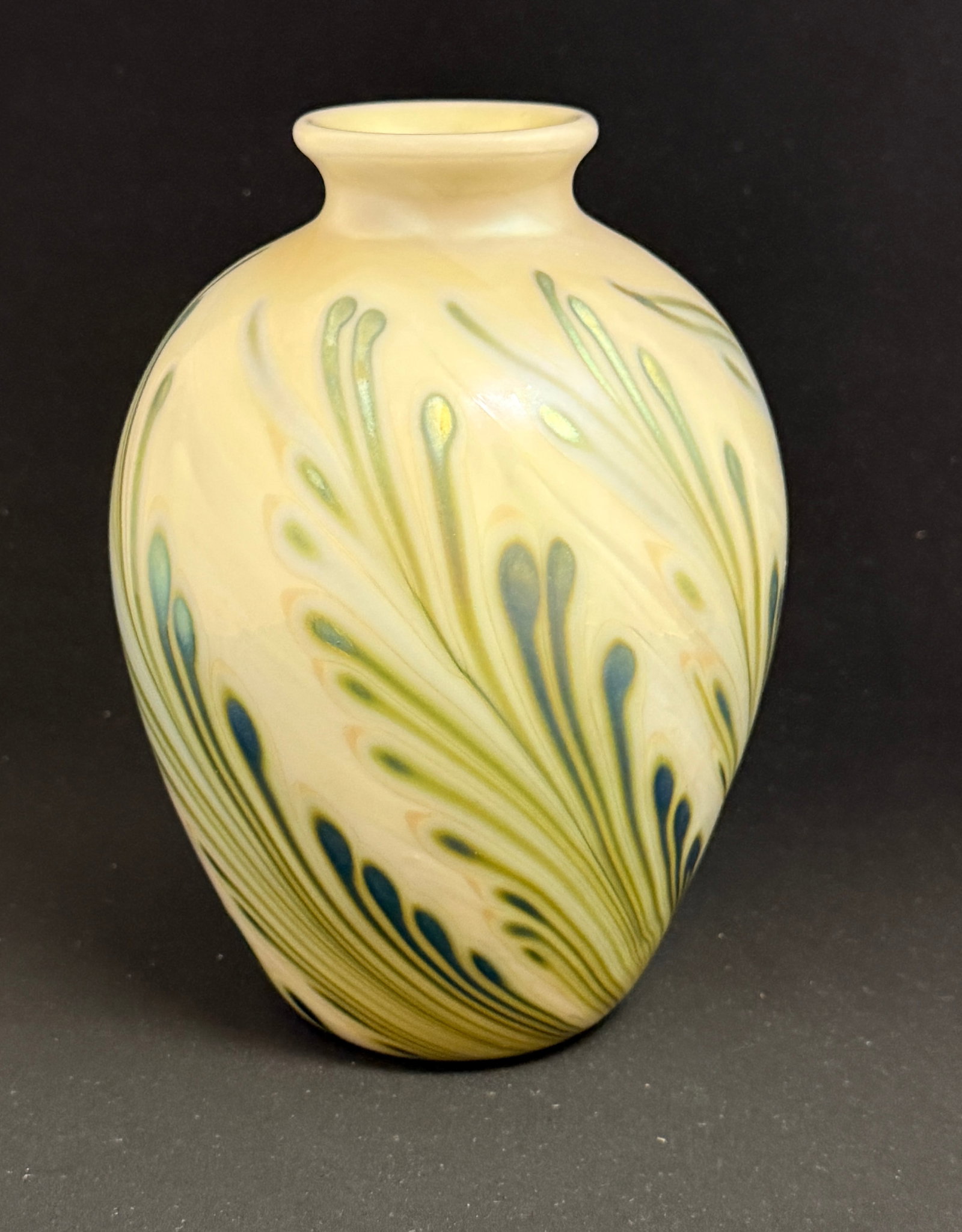 Charles Lotton Opal Wisteria Vase: Charles Lotton bulbous Opal glass vase with growing iridescent blue Wisteria branches, signed Lotton 1971, 8" ht. NOTE: Collection of Joan Allen Walker, an early collector of Lotton Glass and purchase