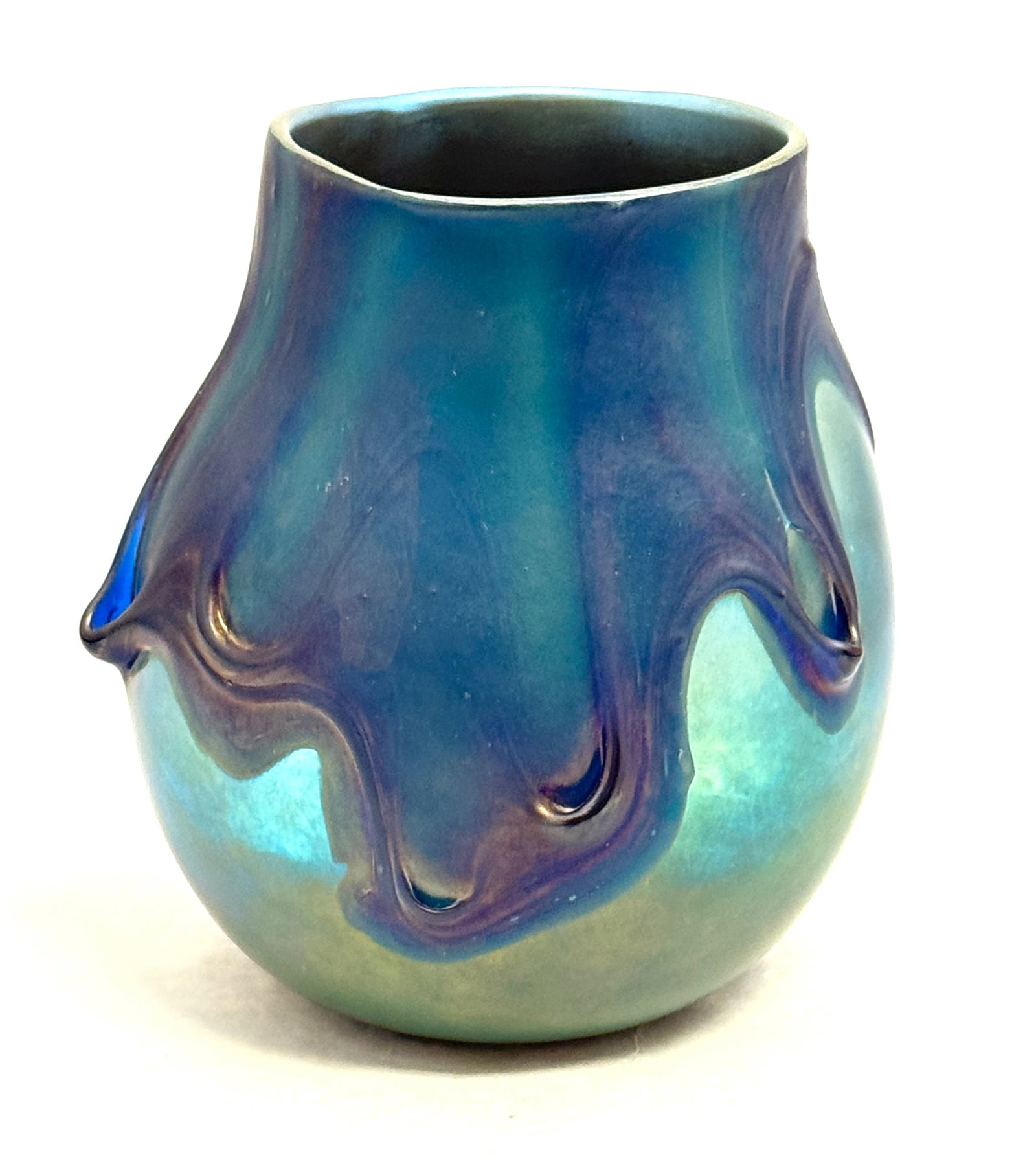 Charles Lotton Blue Lava Flow: Charles Lotton iridescent blue glass vase with a dark blue heavy Lava flow, signed Charles Lotton 1975, 5 1/4" ht. NOTE: Collection of Joan Allen Walker, an early collector of Lotton Glass and purchas