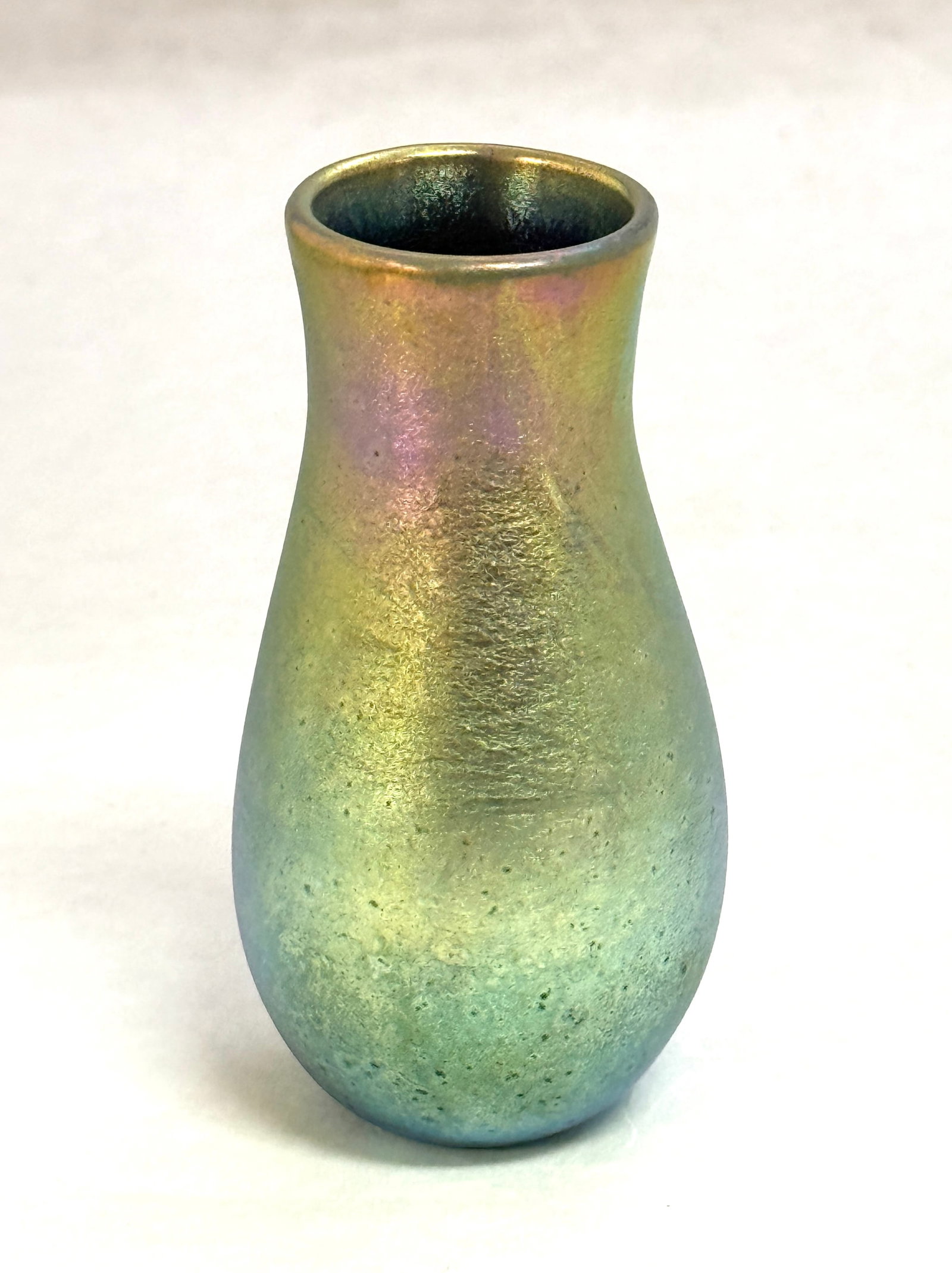 Charles Lotton Gold Cabinet Vase: Charles Lotton gold/blue finish cabinet vase, signed Charles Lotton 1978; ht. 3 1/4". CONDITION: no chips, cracks, repairs or material defects found, Jaremos attempts to call any material flaw that af