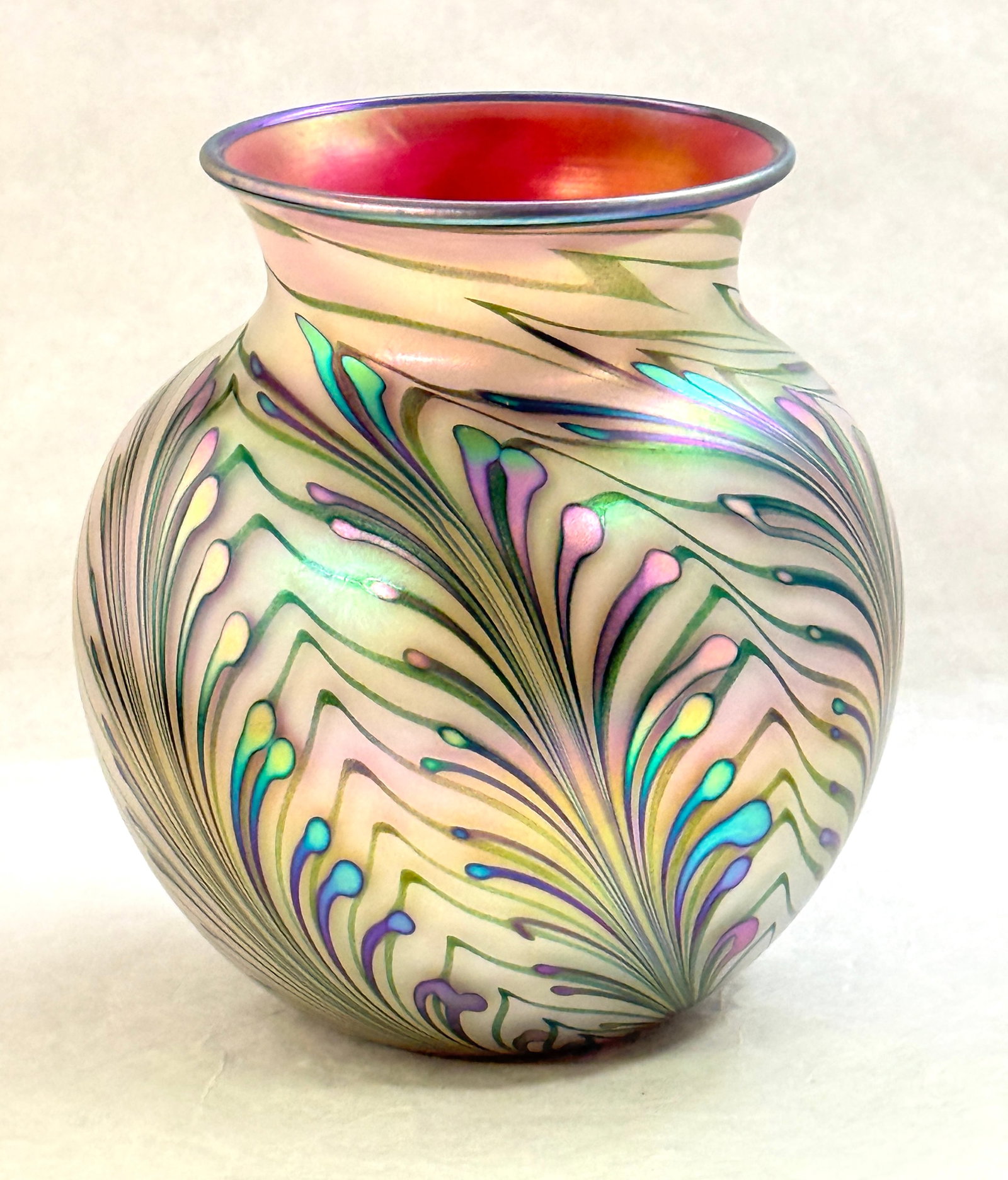 Charles Lotton Wisteria Vase: Charles Lotton green and pink on opal with pink interior wisteria vase, signed Charles Lotton 2008; ht. 6 3/4". CONDITION: no chips, cracks, repairs or material defects found, Jaremos attempts to call