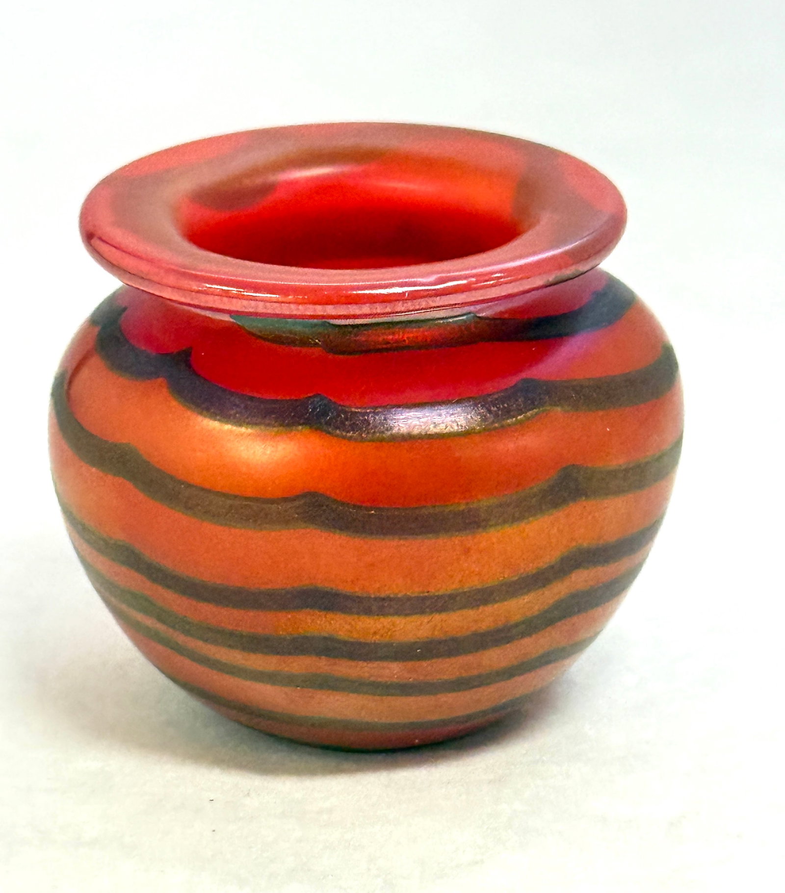 Lotton Mandarian Cabinet Vase: Charles Lotton mandarin red cabinet vase with black ribbon swirls, signed Lotton 1973; ht. 1 1/2". CONDITION: no chips, cracks, repairs or material defects found, Jaremos attempts to call any material