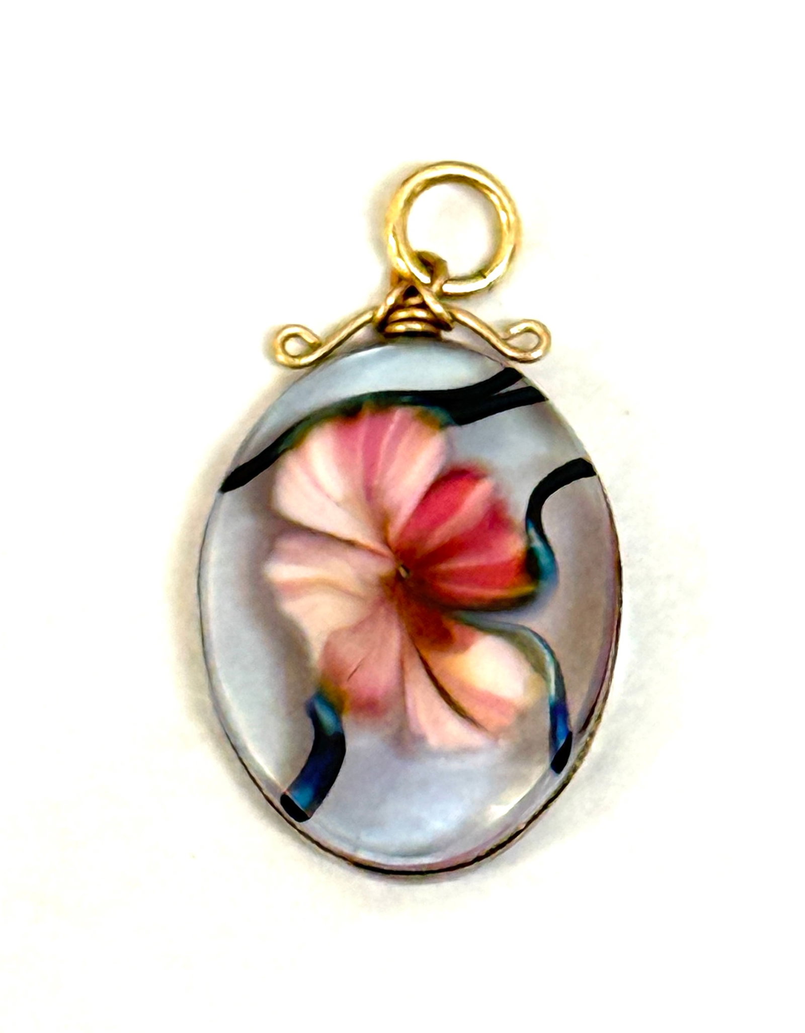 David Lotton Pendant: David Lotton pink dogwood flower pendant, signed David Lotton 94; length 1 1/4". CONDITION: no chips, cracks, repairs, or material defects found, Jaremos attempts to call any material flaw that affect