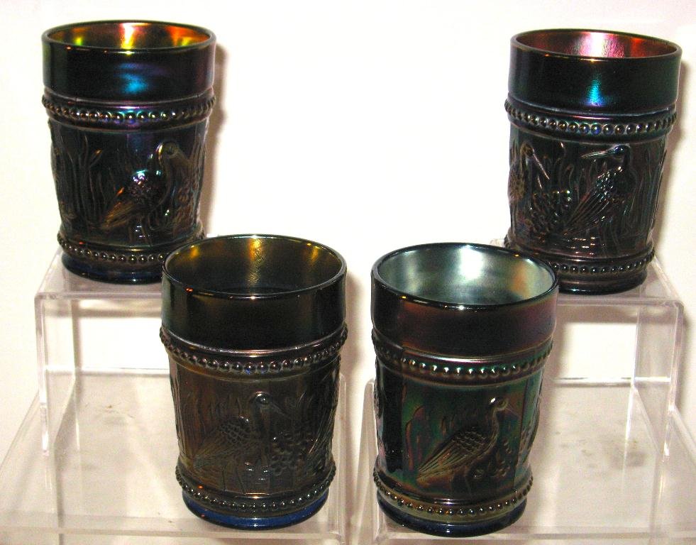 Four Northwood Stork and Rushes tumblers,: each in cobalt with excellent color, 3 3/4" ht.