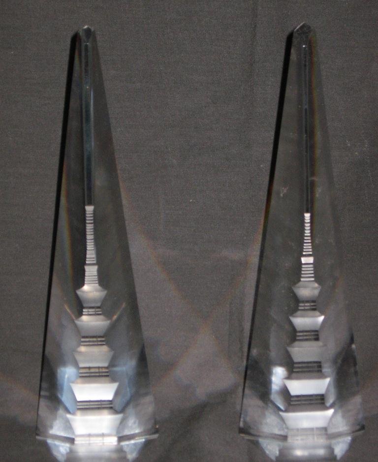 Two crystal decorative obelisk,: each decorated with a cut Pogoda, 12" ht.