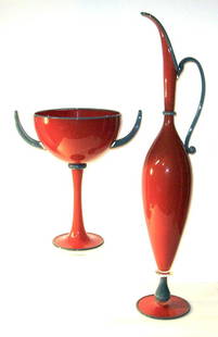 Monumental Dante Marioni glass pair,: Large Crimson red glass sculptures on an elongated pitcher and two handled bowl adorned with turquoise lip wrap and accents, signed Dante Marioni 96, pitcher 33" ht.