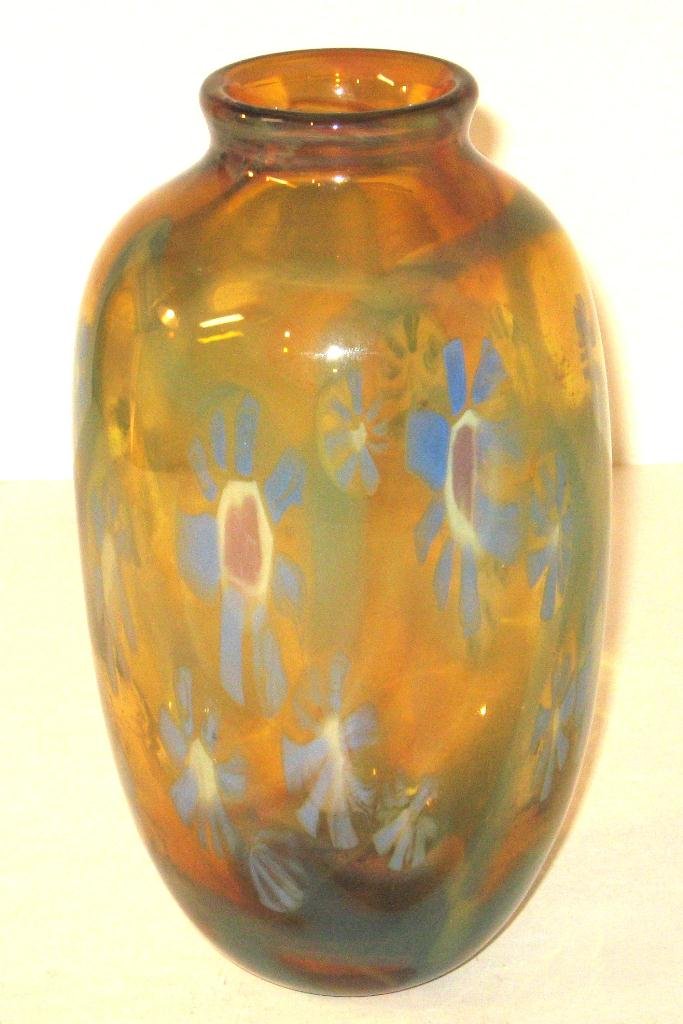 Mark Peiser paperweight vase,: large amber cylindrical vase graduating to a blue foot, internally decorated with colorful pinwheels, marked Mark Peiser 1971, 9" ht.