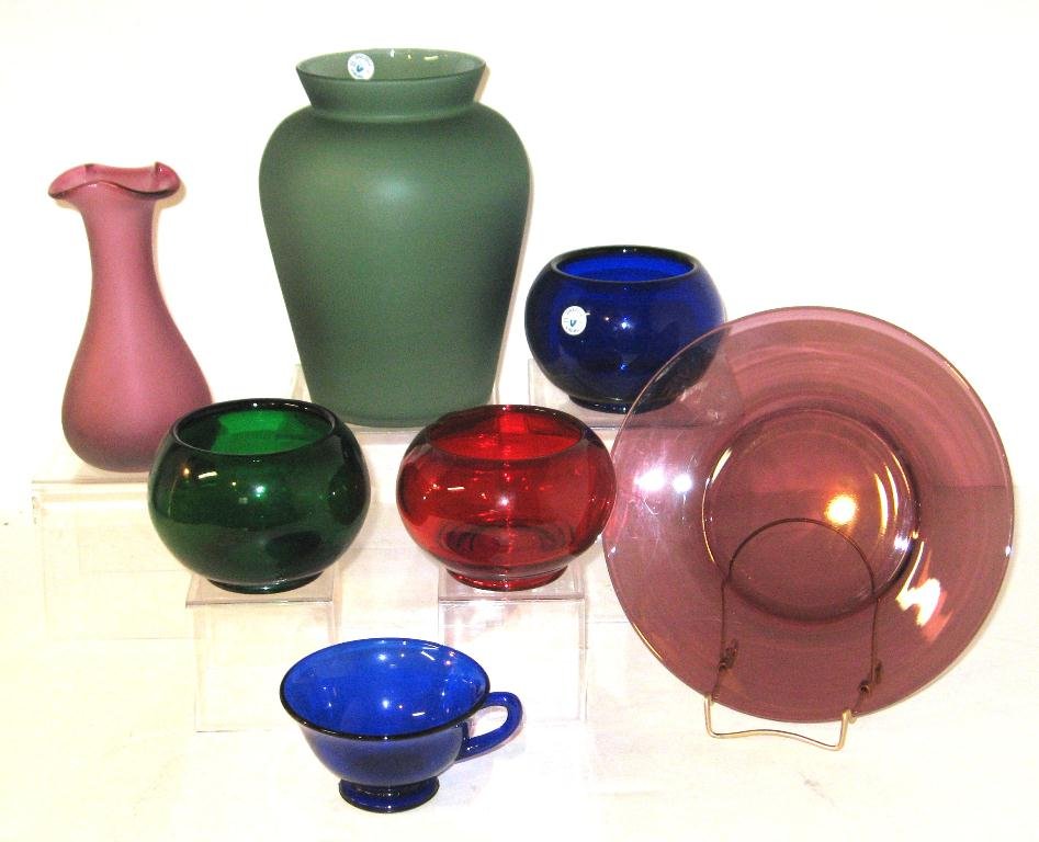 Group of 7 Dalzell Viking glass items,: including a frosted green and red vase, a red, blue and green rose bowl, an amethyst plate and a cobalt cup, some with original labels, tallest 8" ht.