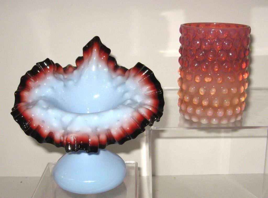 Opalescent Rubina hobnail pickle insert,: Pickle insert in amber opalescent to cranberry, together with a blue opaque Jack-in-the-Pulpit vase with dark crimson lip wrap, Jack 6 3/4" ht.