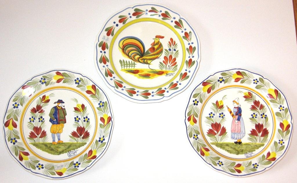 (3) HB-Henriot Quimper faience dŽcor musee plates,: with Breton, Bretonne and Coq dŽcor. 10" dia. c.1995.