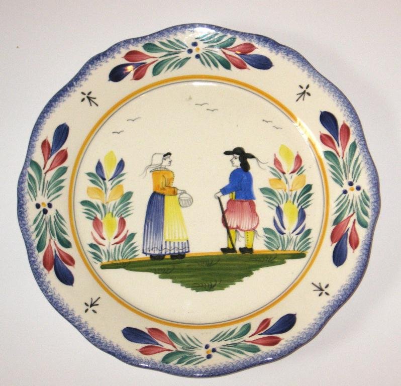 FAB Quimper charger with Breton & Bretonne,: from Faiencerie d'Art Breton. FAB founded by French families in faience for generations, now owned by Henriot Quimper. 10" dia. c.1994.
