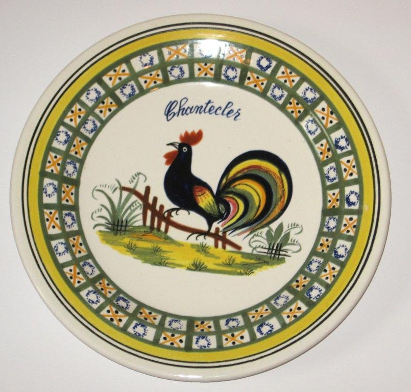 Henriot Quimper faience "Chanticleer" plate,: with mid-century dŽcor coq and colors. 9 3/4" dia. Mid 20th C.