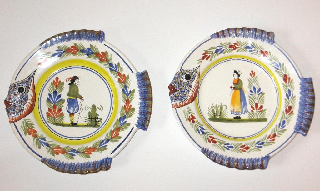 Pr. HB-Henriot faience fish-shaped plates,: in "Henriot" decor, with Breton and Bretonne motifs. 10" dia. c.1990