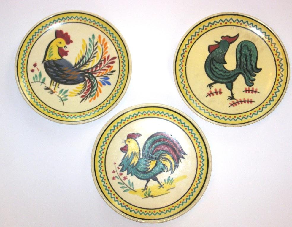 (3) Mid-Century Henriot Quimper faience plates with: with matching geometric borders. Marked "11 Bis." 7 3/4" dia. c.1940