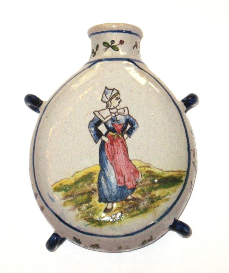 Rare Malicorne faience flask with blason,: Bretonne, four loops and petit floral sprays. Unmarked. Approx 8" ht. c.1900.