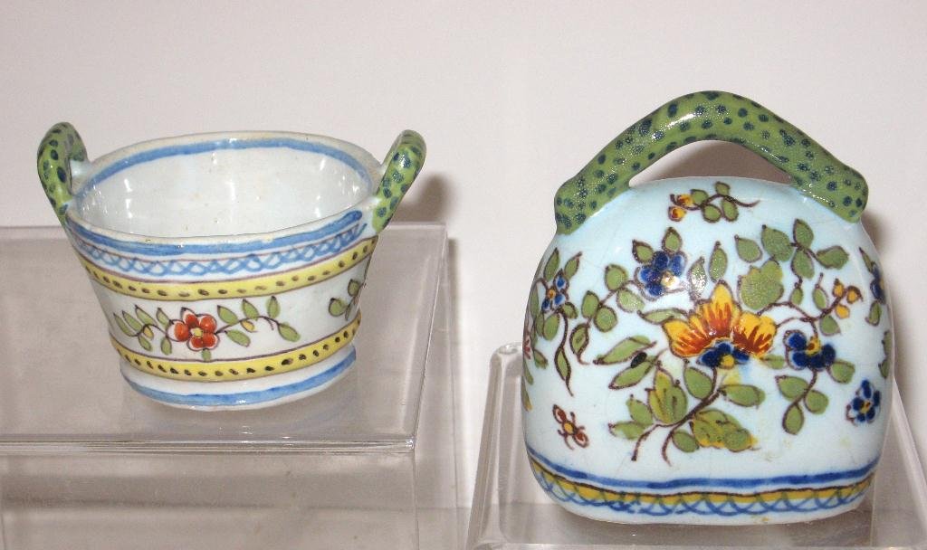 (2) pcs. Desvres faience including a bell,: with Rouen dŽcor marked "FF" for Fourmaintraux Freres and a two-handled jam pot marked "FE." Both with two-toned green handles. 3 1/2" ht. c.1900.