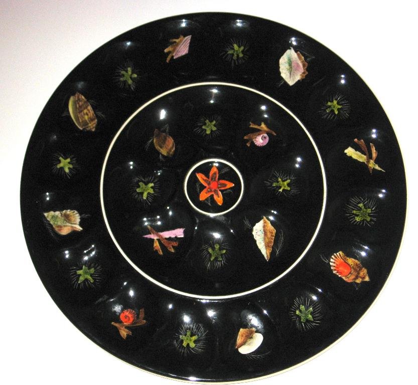 Henriot Quimper Trevoux oyster platter,: "Sea Life" design by Guy Trevoux, decorated with a myriad of seashells. Marked Henriot Quimper. 16 1/2" dia. c.1950.