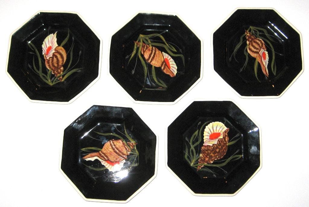 (5) Henriot Quimper, octagon-shape Trevoux "Sea Life": design by Guy Trevoux, decorated with assorted shells and seaweed. 8"w. c.1950.