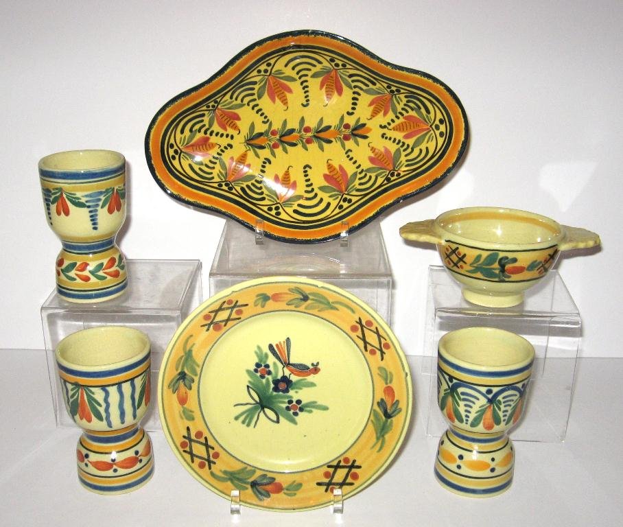 (6) pcs. vintage "Soleil" Quimper,: including three HB Quimper geometric egg cups, one HB Quimper "Primavera" plate, one bowl and oblong geometric Henriot Quimper serving tray. 9 1/2"l. c.1930-1940.