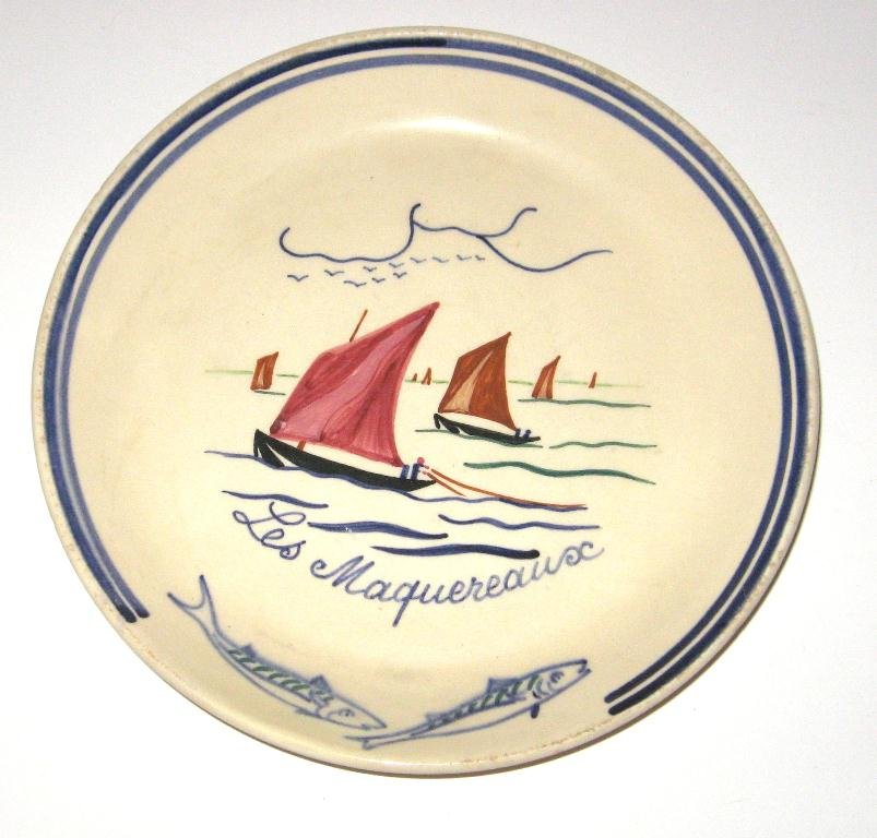 HB Henriot Quimper La Chaud deep plate,: design by artist Adolphe-Jean LaChaud. Plate depicts sailing ships and mackerel fishermen at sea. Front with script "Les Maquereaux." 8 3/4" dia. c.1930. Marked HB Quimper France 864 RP J. LaChaud.
