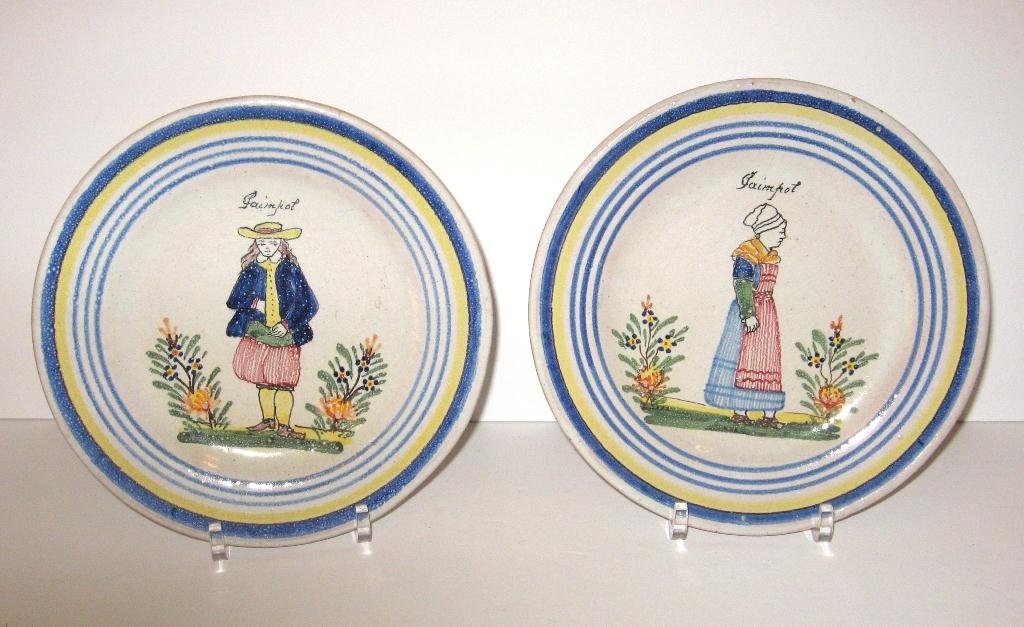Pr. PBx Malicorne French faience plates,: with Breton and Bretonne, marked "Paimpol" a town near the legendary home of Merlin. 7 1/2" dia. c.1895.