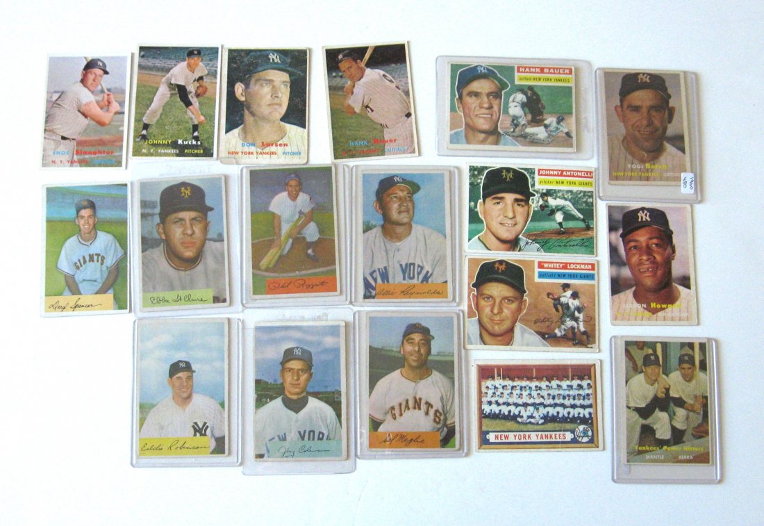 1954-57 Yankee cards, Bauer, Berra, Rizzuto,: 15 cards including 1954 Bowman Phil Rizzuto, Allie Reynolds, Eddie Robinson and Jerry Coleman, 1956 John Antonelli, Hank Bauer, 1957 Yogi Berra, Elston Howard, team card, Don Larson, Enos Slaughter, H