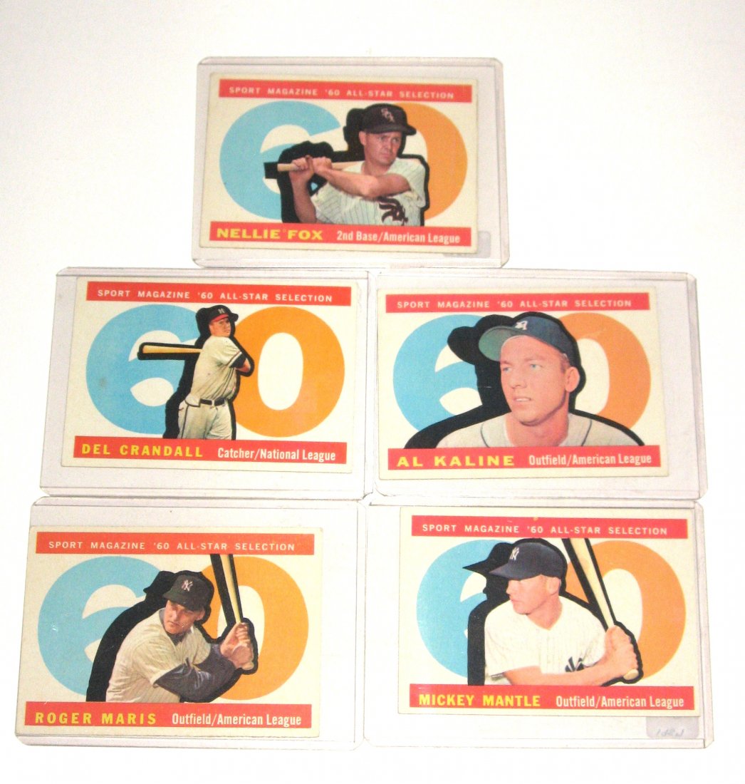 Mantle, Maris, Fox, 5 All Star 1960 cards,: including Al Kaline, Nellie Fox, Del Crandall, Mickey Mantle, and Roger Maris,