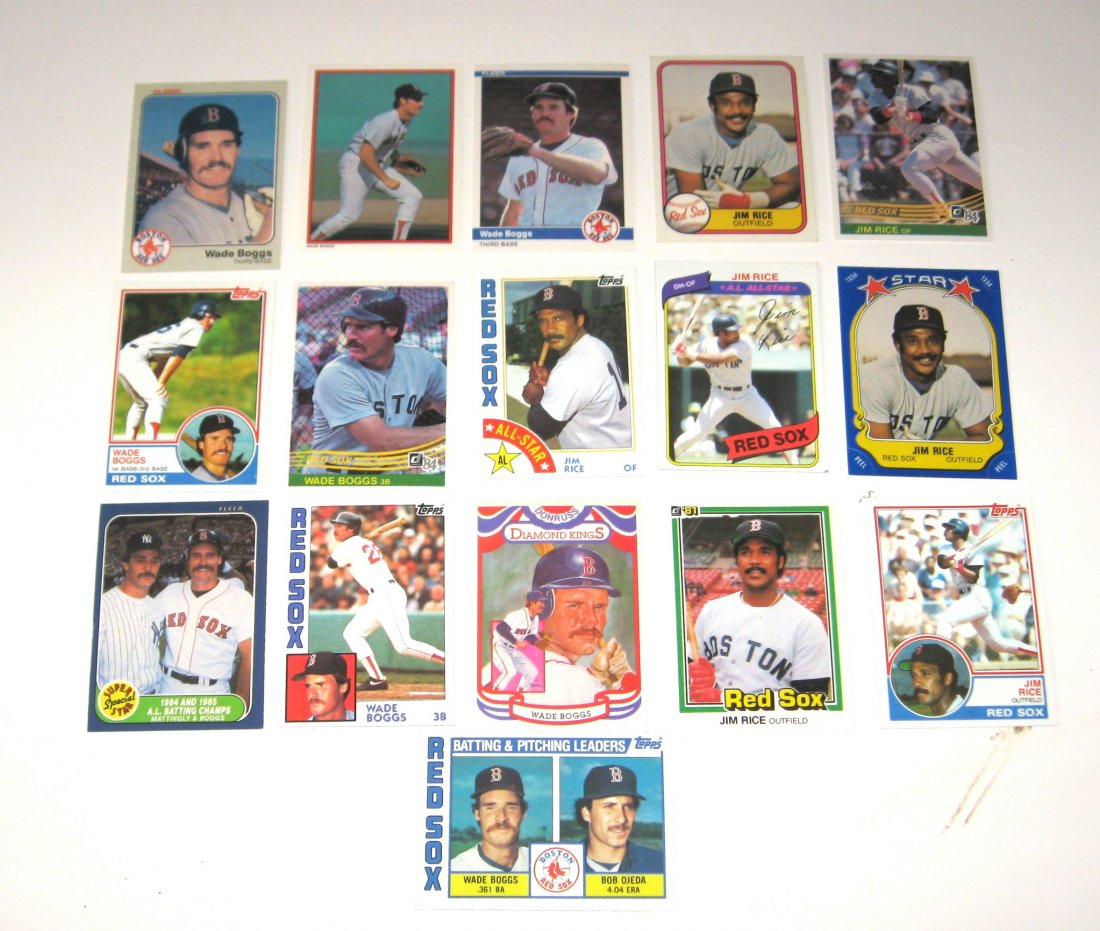 18 Boston Red Sox baseball cards,: including 9 cards of Wade Boggs and 9 of Jim Rice, various makers and years. NOTE: 81 Donrus 1986 Fleer star sticker of rice not pictured.