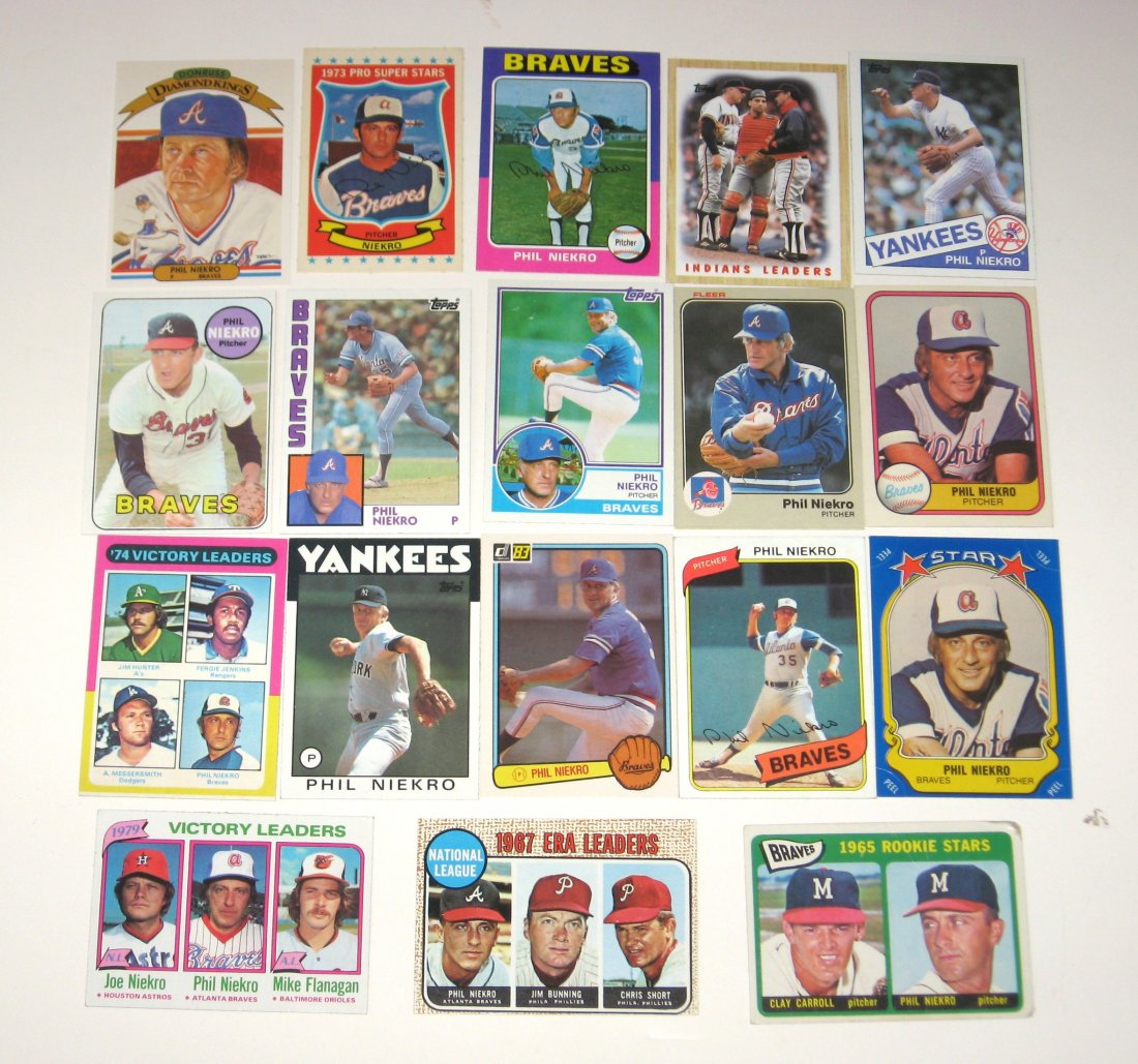 18 Phil Niekro baseball cards,: various years including the 1965 rookie stars.