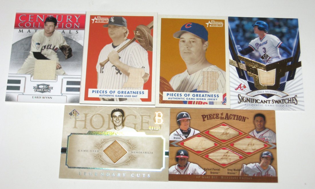 6 Game used bat baseball cards,: including Dale Murphy, Gil Hodges, Early Wynn, A J Pierzynski, Greg Maddux, and a four in one of Chipper Jones, Andrew Jones, Greg Maddux and Rafael Furcal.