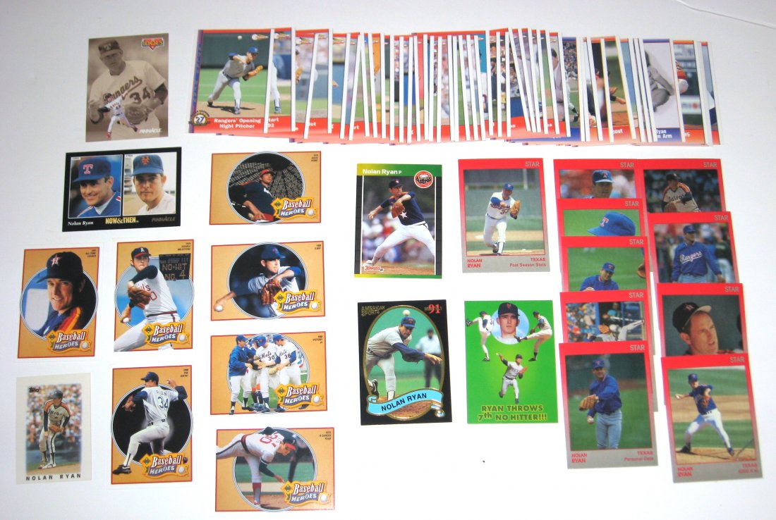 Large grouping of Noland Ryan baseball cards,: including 7 Upper Deck 1990 Baseball Heroes, 10 Star 1991, 45 1993 Pacific cards authorized by Nolan Ryan, and more 68 total cards.