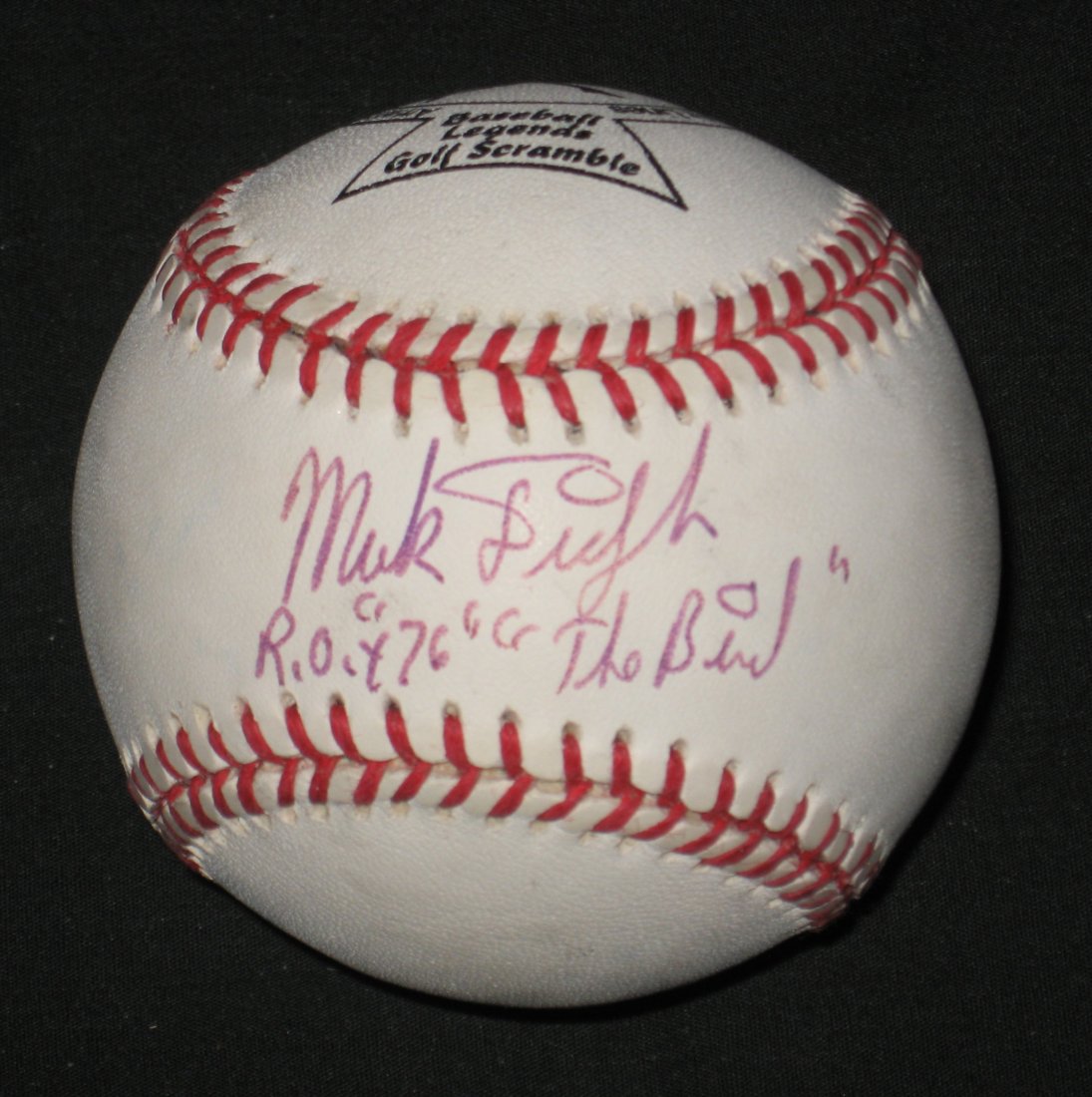 Mark Fidrych autograph baseball,: signed Mark Fidrych ROY 76 "The Bird" on a National car rental Baseball Legends golf scramble baseball.
