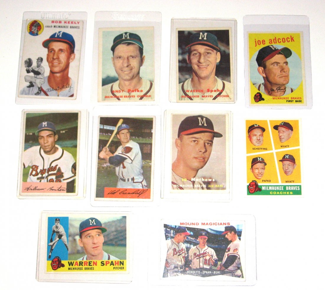 Spahn, Mathews, 63 Milwaukee Braves 1954-61: 1955-61 including 1954 Bowman Del Crandall, Ernie Johnson rookie, Bill Bruton, 1954 Topps Bob Keely, 1957 Andy Pafko, Warren Spahn, Eddie Matthews, Felix Mantilla rookie, team card, 1958 Del Rice, Wes
