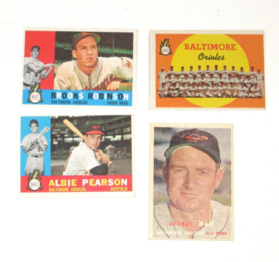 Brooks Robinson, 83 Baltimore cards 1954-1961,: including a 1954 Howie Fox, Bowman 1955 Vern Stephens, 1957 George Kell, 1958 Joe Ginsberg, Billy O'Dell, Joe Durham rookie, Gene Woodling, Gus Triandos, 1959 team card, Gene Woodling, Gus Triandos, M