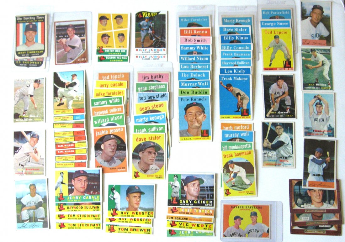 81 Boston Red Sox cards 1954-1962: 1954-61 including 1954 Bowman Billy Goodman, 1954 Bowman Frank Malzone rookie, Billy Goodman, 1958 Frank Malzone, Pete Runnels, 1959 Bill Monbouquette rookie, Jackie Jensen, Haywood Sullivan, 1960 Bob
