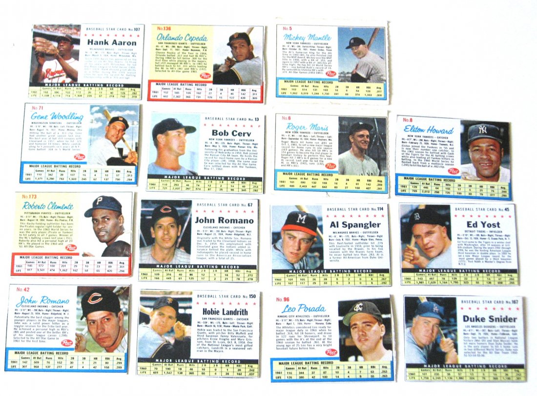 14 1961-1962 Post Cereal cards,: including Roberto Clemente, Roger Maris, Mickey Mantle, Orlando Cepeda, Hank Aaron, Duke Snider and more.