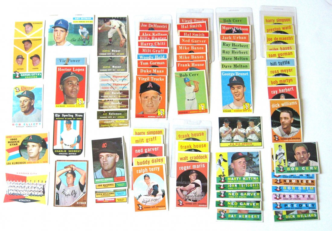 Maris, Boyer rookie, 80 KC Athletics 1956-62: including 1956 Al Ditmar, 1957 2 Cletis Boyer rookie cards, team card, 1958 George Brunett rookie, Hector Lopez, 2 Virgil Trucks, 2 Bob Cerv, 1959 Joe De Maestri, Roger Maris, Dick Williams, Ralph Ter
